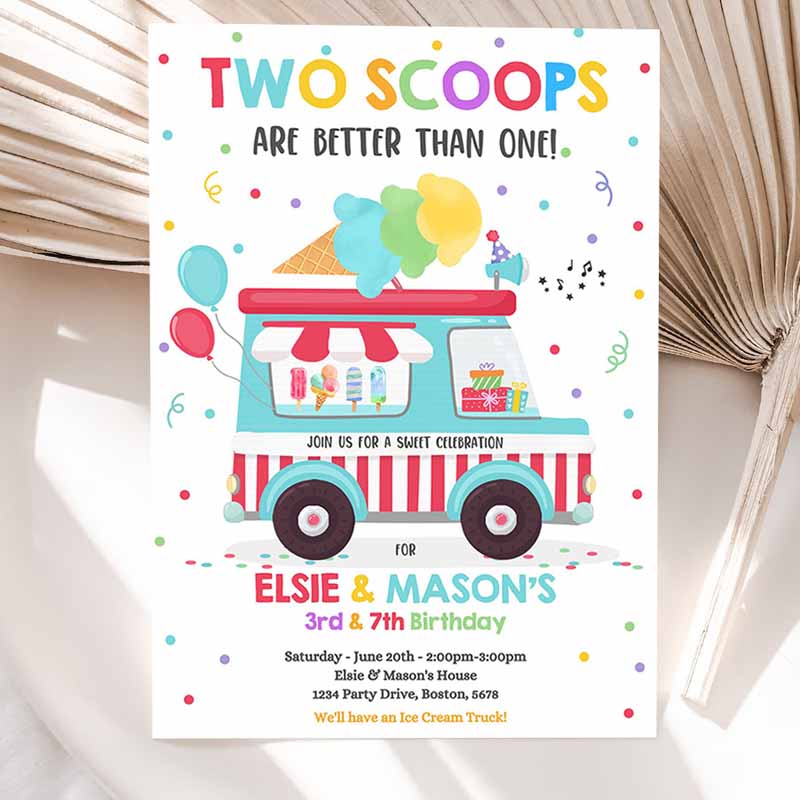 Ice Cream Truck Twin Kids Birthday Invitation, Twin Ice Cream Kids Birthday Invitation, Two Scoops Are Betteran One Party