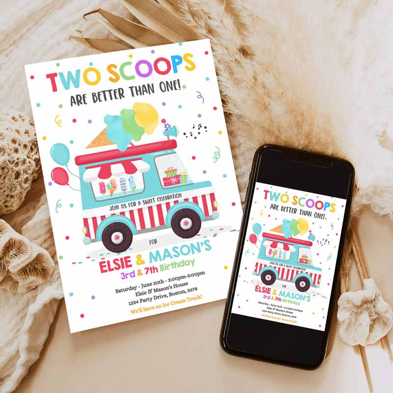 Ice Cream Truck Twin Kids Birthday Invitation, Twin Ice Cream Kids Birthday Invitation, Two Scoops Are Betteran One Party