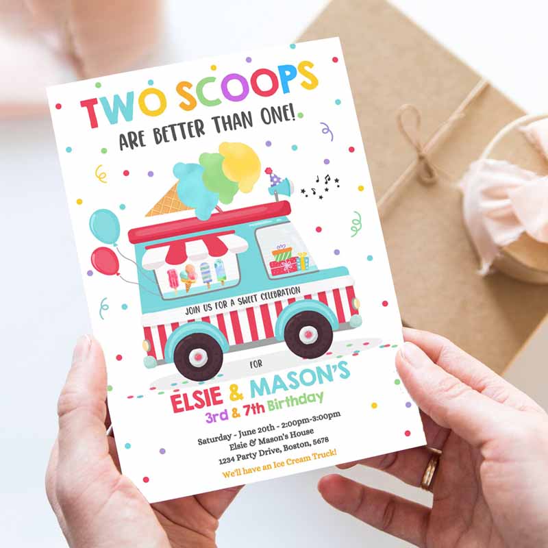 Ice Cream Truck Twin Kids Birthday Invitation, Twin Ice Cream Kids Birthday Invitation, Two Scoops Are Betteran One Party