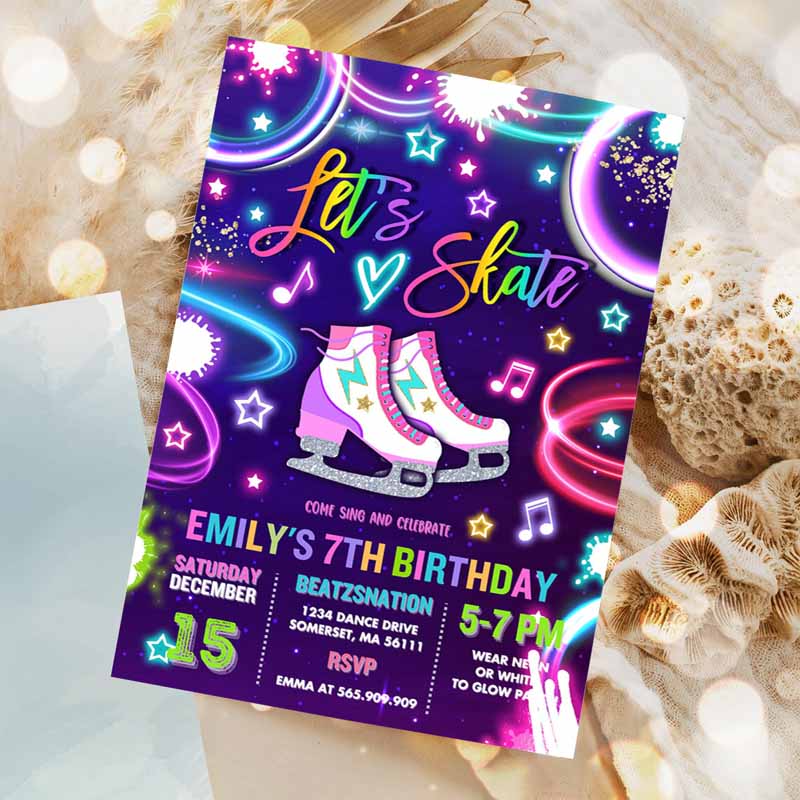 Ice Skating Invitation, Neon Glow Ice Skating Party, Neon Glow Ine Dark Ice Rink Party, Ice Skating Party Invitation