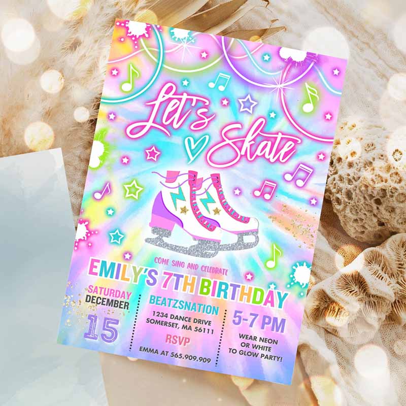 Ice Skating Invitation, Tie Dye Ice Skating Party, Invite Glow Tie Dye Ice Skating Party, Neon Glow Skating Party Invitation