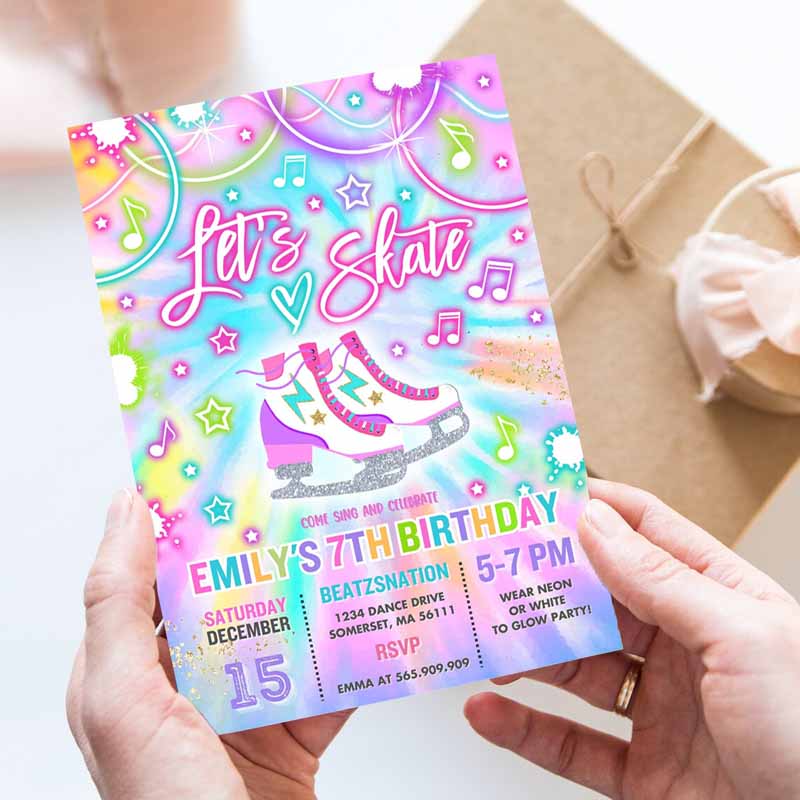 Ice Skating Invitation, Tie Dye Ice Skating Party, Invite Glow Tie Dye Ice Skating Party, Neon Glow Skating Party