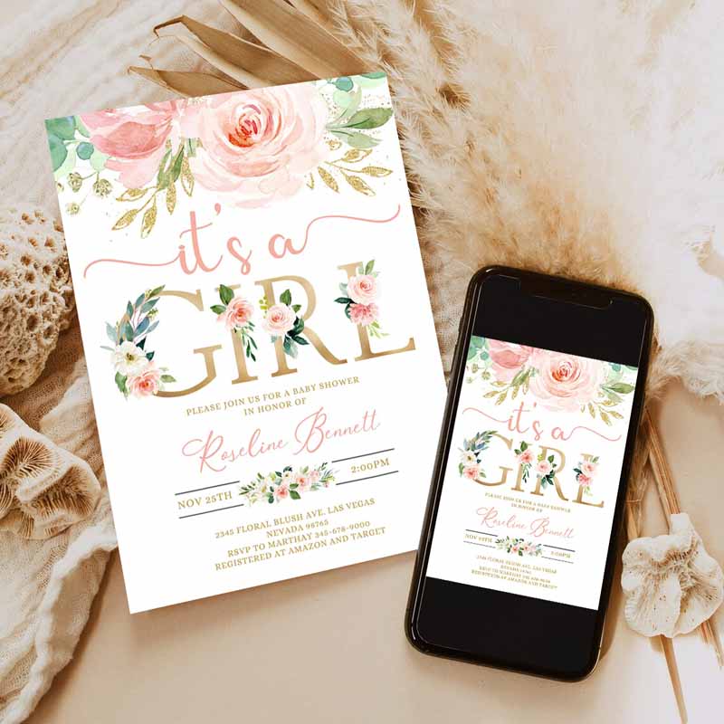 Invitation, Blush Pink Floral Baby Shower Invitation, It's a girl Printable Baby Shower Invite Sweet Girl