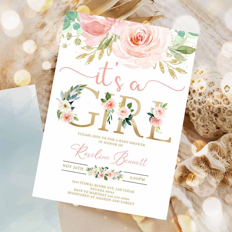 Invitation, Blush Pink Floral Baby Shower Invitation, It's a girl Printable Baby Shower Invite Sweet Girl