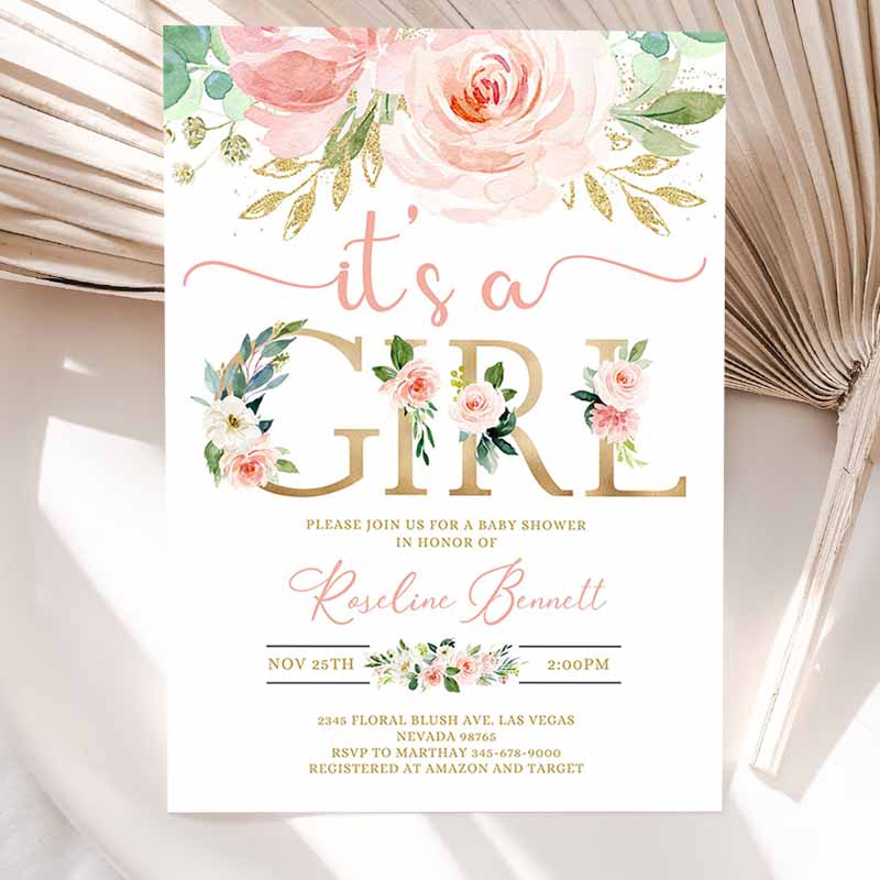 Invitation, Blush Pink Floral Baby Shower Invitation, It's a girl Printable Baby Shower Invite Sweet Girl