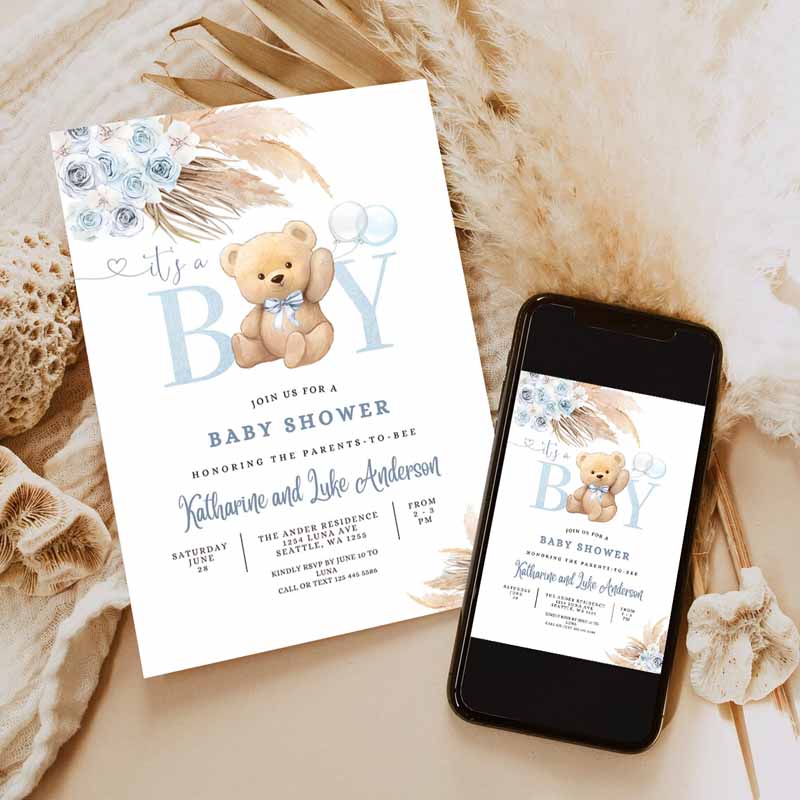 It's a BOY Blue Pampas Grass We Can Bearly Wait, Blue Boho Teddy Bear Baby Shower Invitation