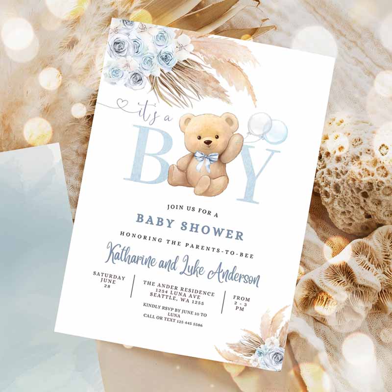 It's a BOY Blue Pampas Grass We Can Bearly Wait Blue Boho Teddy Bear Baby Shower Invitation