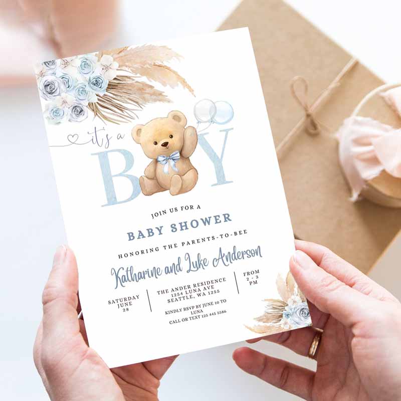 It's a BOY Blue Pampas Grass We Can Bearly Wait Blue Boho Teddy Bear Baby Shower Invitation