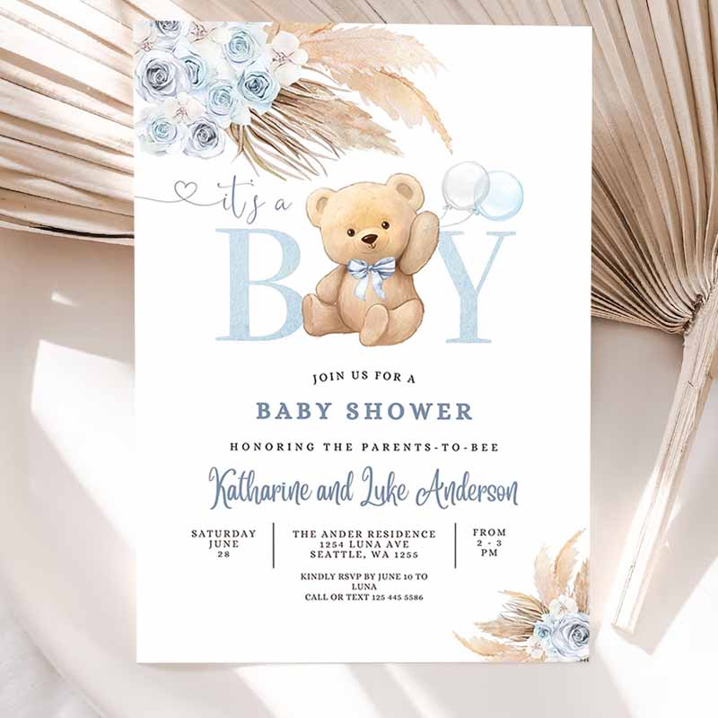 It's a BOY Blue Pampas Grass We Can Bearly Wait Blue Boho Teddy Bear Baby Shower Invitation