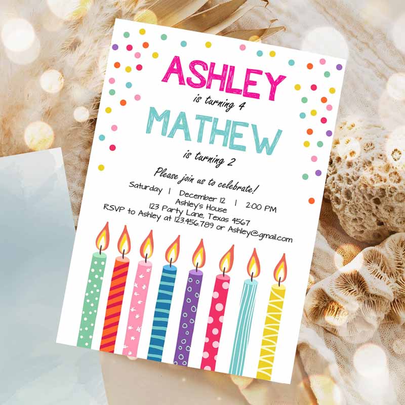 Joint Twin Kids Birthday Invitation, Twins Confetti Siblings Kids Birthday Party, Boy Girl Invitation