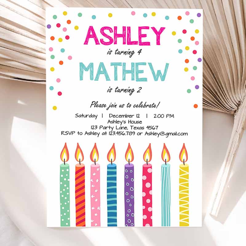 Joint Twin Kids Birthday Invitation, Twins Confetti Siblings Kids Birthday Party, Boy Girl Invitation