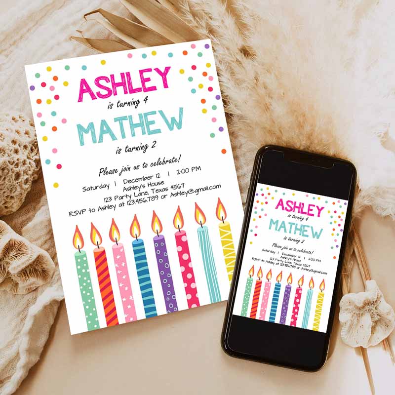 Joint Twin Kids Birthday Invitation, Twins Confetti Siblings Kids Birthday Party, Boy Girl Invitation