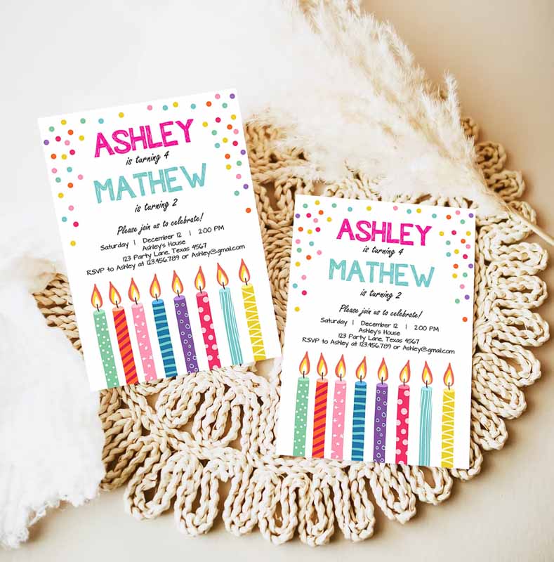 Joint Twin Kids Birthday Invitation, Twins Confetti Siblings Kids Birthday Party, Boy Girl Invitation