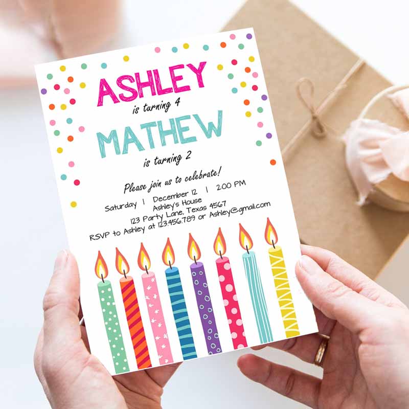 Joint Twin Kids Birthday Invitation, Twins Confetti Siblings Kids Birthday Party, Boy Girl Invitation