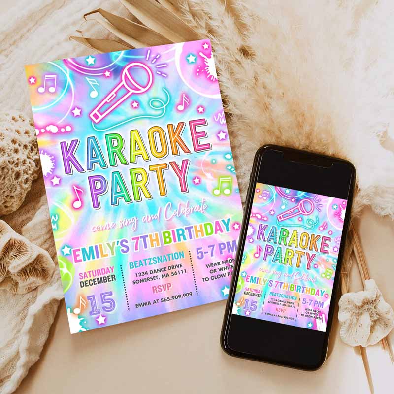 Karaoke Kids Birthday, Tie Dye Karaoke Kids Birthday, Neon Glow Tie Dye Karaoke Party, Music Singing Party