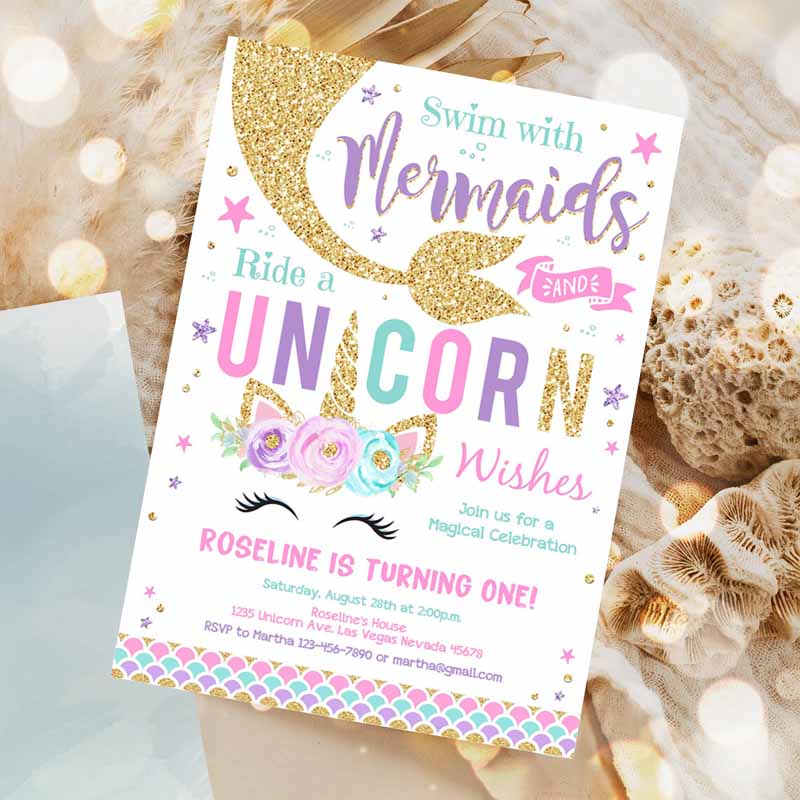 Kisses And Unicorn Wishes Kids Birthday Invitation, Unicorn Mermaid Invite Unicorn Party