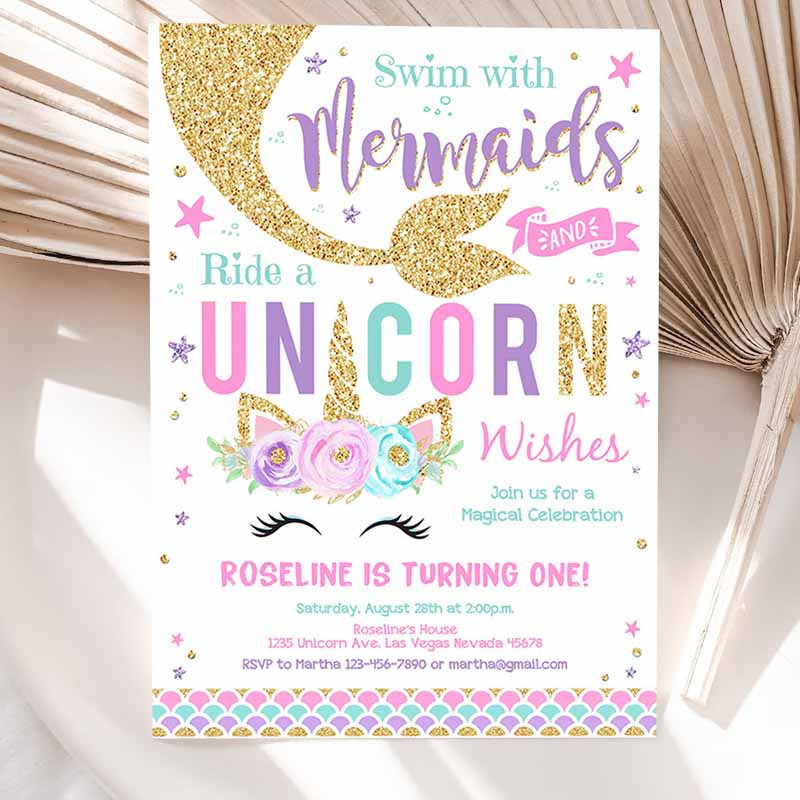 Kisses And Unicorn Wishes Kids Birthday Invitation, Unicorn Mermaid Invite Unicorn Party