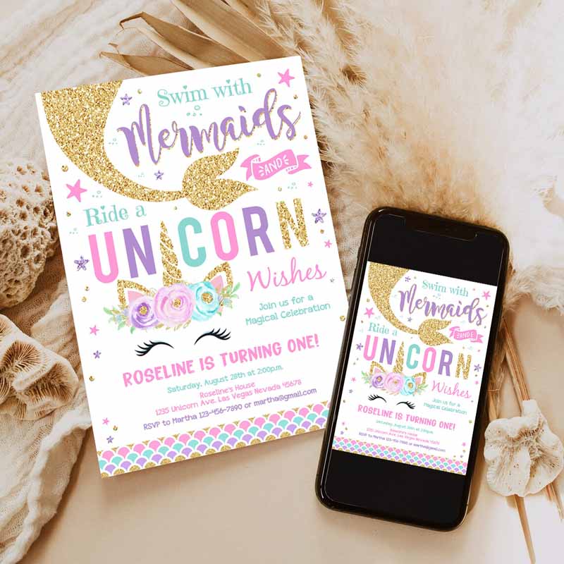 Kisses And Unicorn Wishes Kids Birthday Invitation, Unicorn Mermaid Invite Unicorn Party