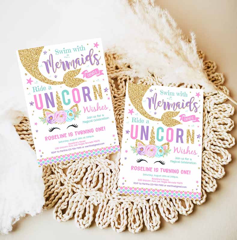 Kisses And Unicorn Wishes Kids Birthday Invitation, Unicorn Mermaid Invite Unicorn Party