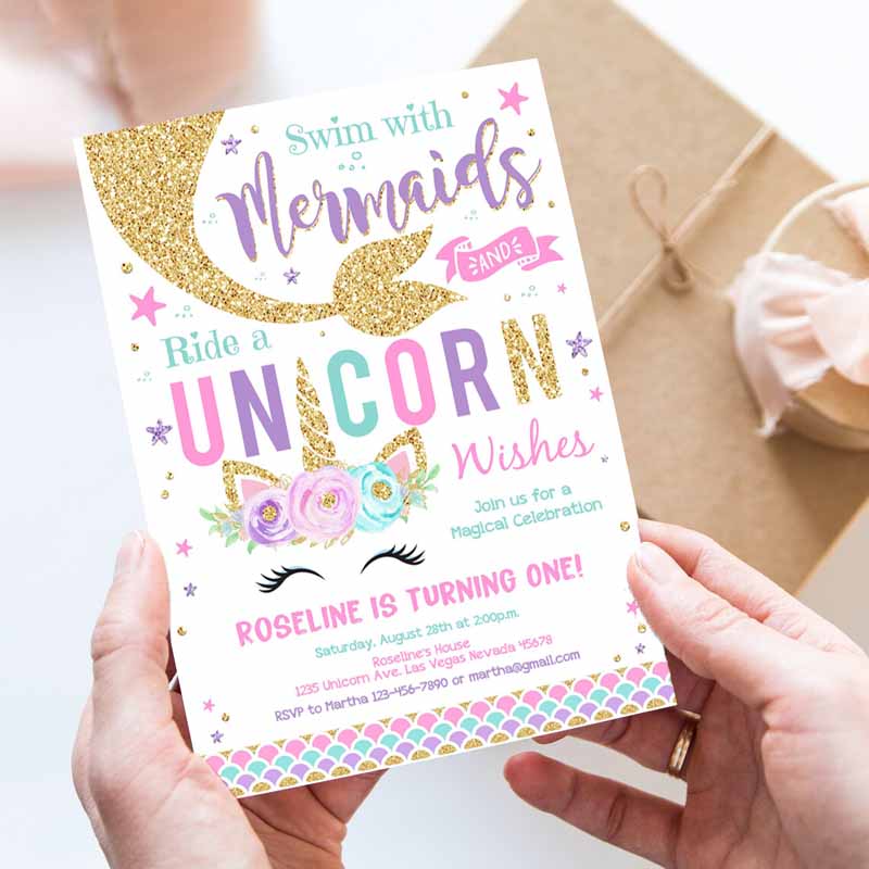 Kisses And Unicorn Wishes Kids Birthday Invitation, Unicorn Mermaid Invite Unicorn Party