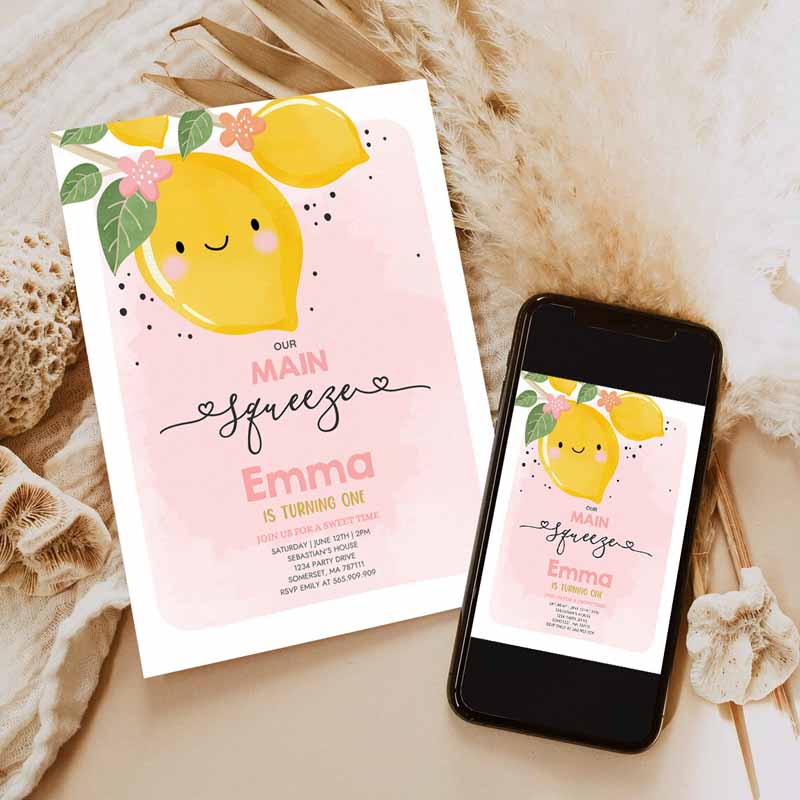 Lemon Kids Birthday Invitation, Our Main Squeeze Kids Birthday Invitation, Citrus Lemonade Kids Birthday, Sunshine Kids Birthday