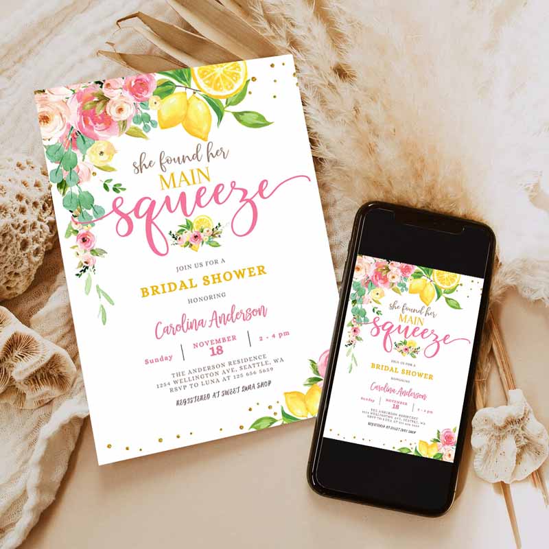 Lemon Bridal Shower Invitation, Pink Floral Citrus She Found Her Main Squeeze Invite Invitation