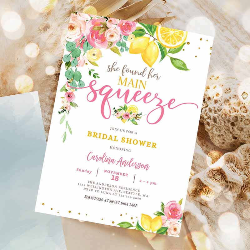 Lemon Bridal Shower Invitation, Pink Floral Citrus She Found Her Main Squeeze