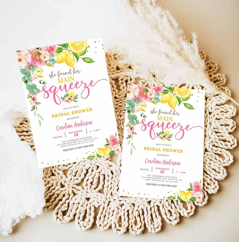 Lemon Bridal Shower Invitation, Pink Floral Citrus She Found Her Main Squeeze