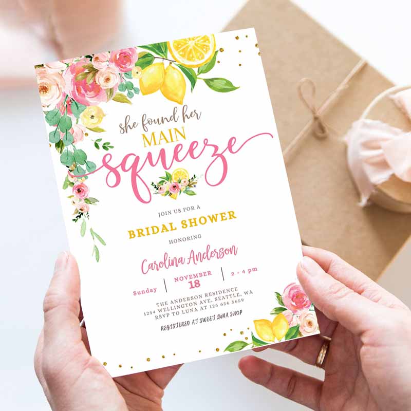 Lemon Bridal Shower Invitation, Pink Floral Citrus She Found Her Main Squeeze