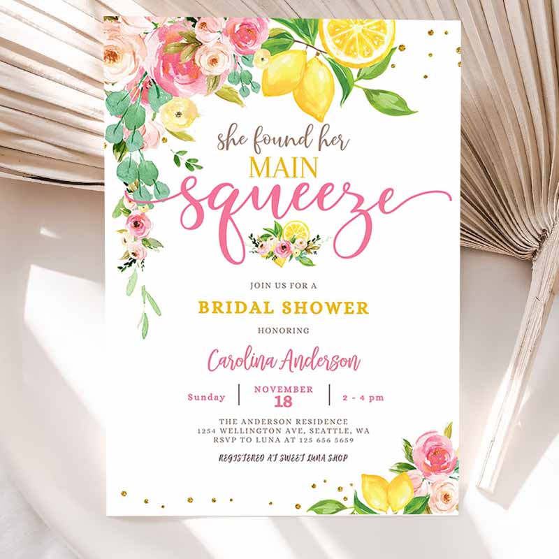 Lemon Bridal Shower Invitation, Pink Floral Citrus She Found Her Main Squeeze