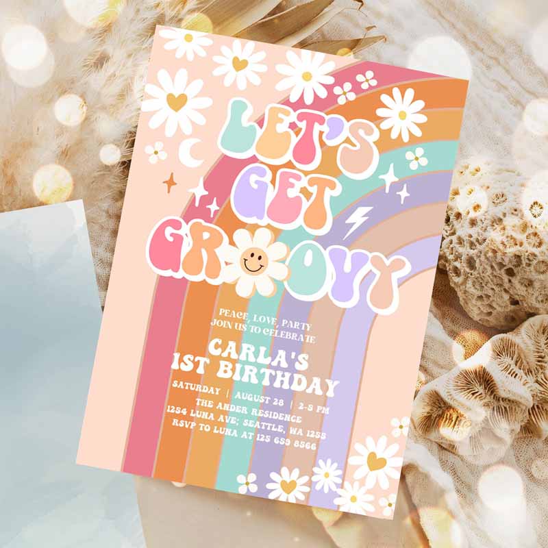 Let's Get Groovy Invite Daisy Rainbow Groovy Kids Birthday, Invite Hippie Retro Kids Birthday Invitation