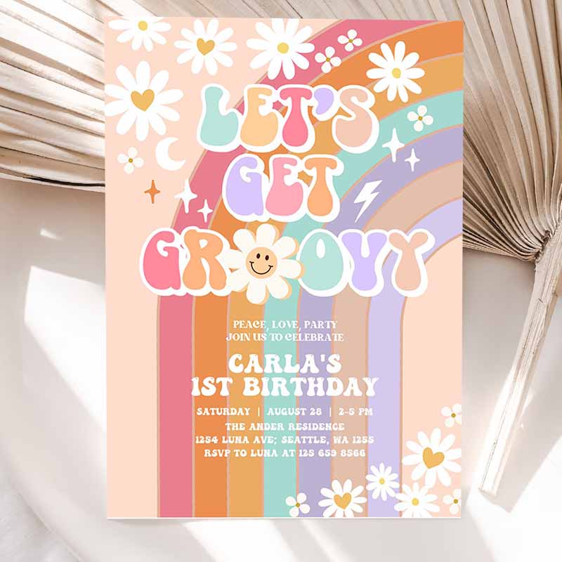 Let's Get Groovy Invite Daisy Rainbow Groovy Kids Birthday, Invite Hippie Retro Kids Birthday Invitation