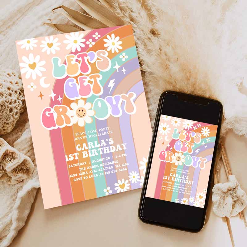 Let's Get Groovy Invite Daisy Rainbow Groovy Kids Birthday, Invite Hippie Retro Kids Birthday Invitation