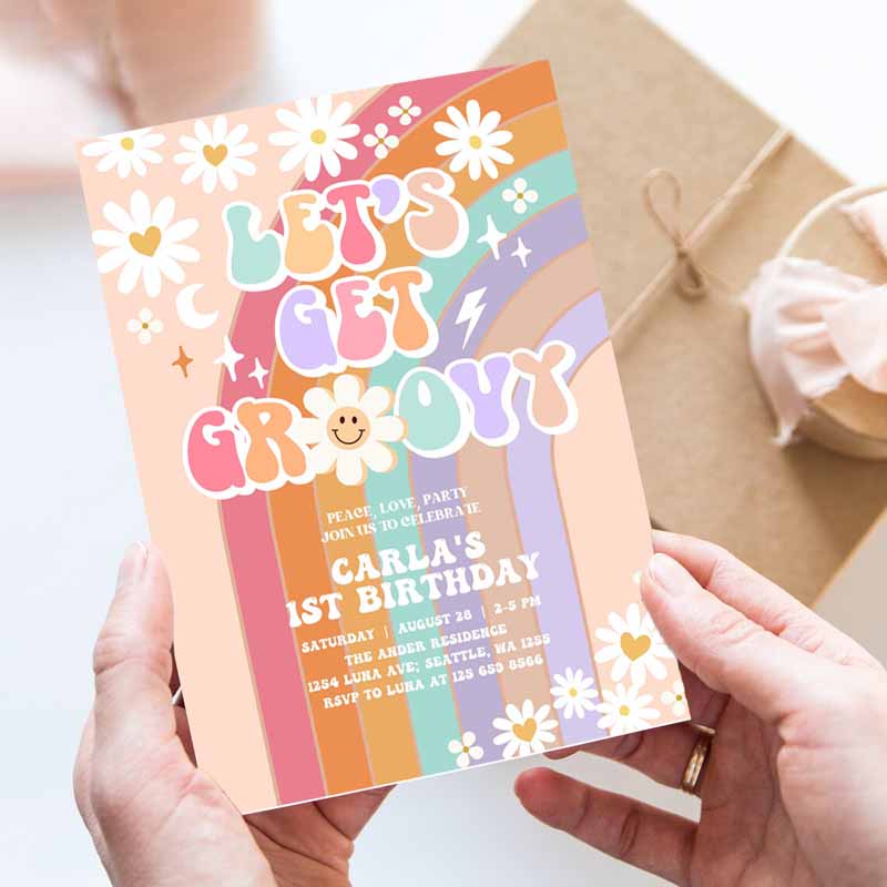 Let's Get Groovy Invite Daisy Rainbow Groovy Kids Birthday, Invite Hippie Retro Kids Birthday Invitation