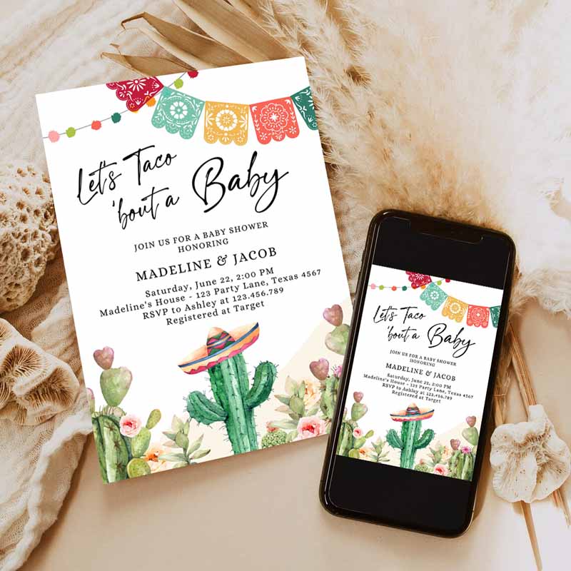 Let's Taco Bout a Baby Shower Invitation, Cactus Mexican Fiesta Couples Shower Desert Watercolor