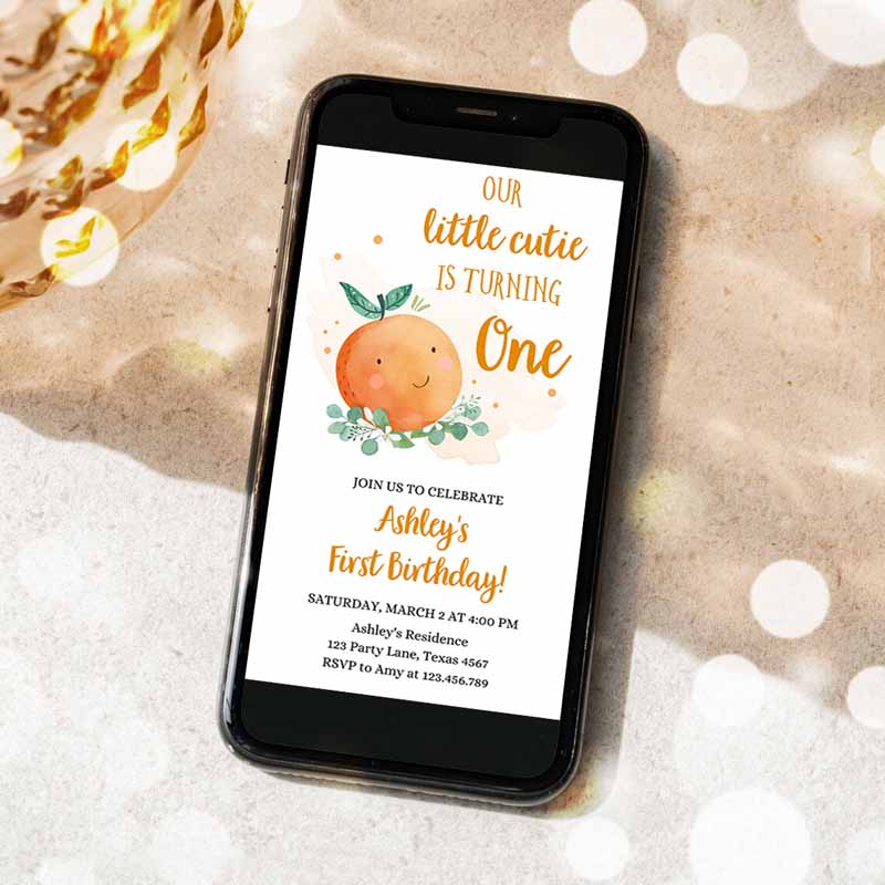 Little Cutie Kids Birthday, Evite Clementine Oranges Party, Unisex Orange Invitation, Citrus Download Phone Electronic