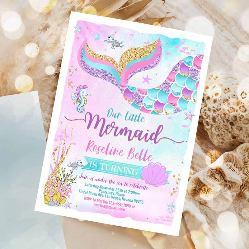 Mermaid Kids Birthday Invitation, Mermaid Invite Under The Sea Kids Birthday Party