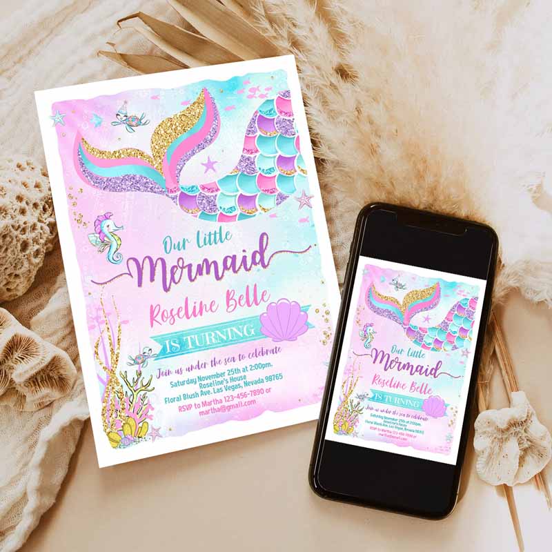 Mermaid Kids Birthday Invitation, Mermaid Invite Under The Sea Kids Birthday Party