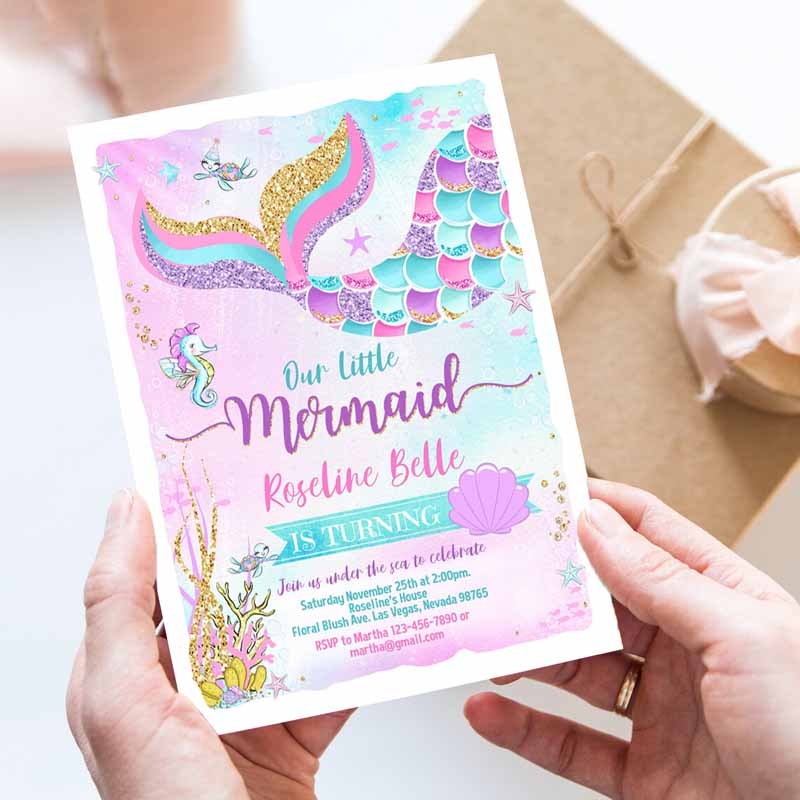 Mermaid Kids Birthday Invitation, Mermaid Invite Under The Sea Kids Birthday Party