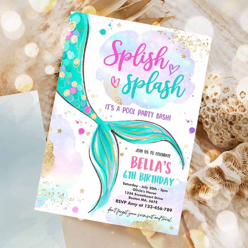 Mermaid Kids Birthday Invitation, Mermaid Pool Party Invitation, Pink Gold Mermaid Under The Sea Pool Kids Birthday