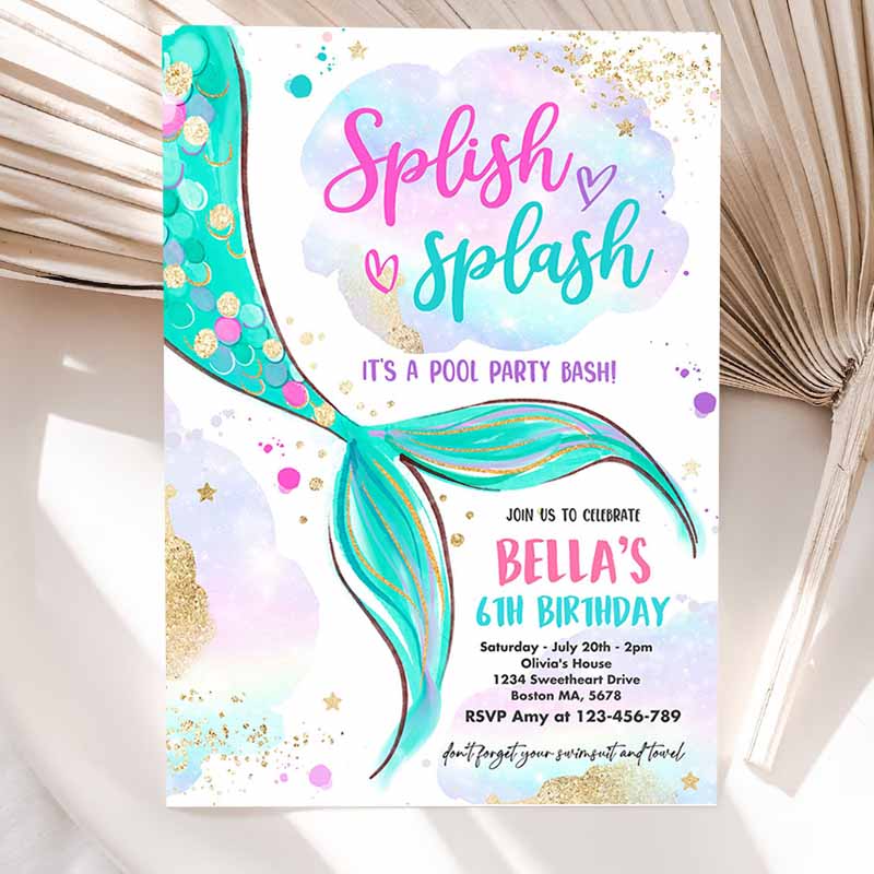 Mermaid Kids Birthday Invitation, Mermaid Pool Party Invitation, Pink Gold Mermaid Under The Sea Pool Kids Birthday Party