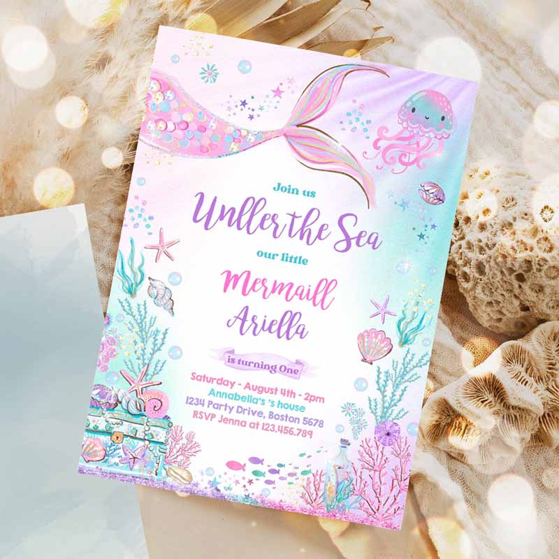 Mermaid Kids Birthday Invitation, Mermaid Under The Sea Kids Birthday Party, Whimsical Mermaid Kids Birthday