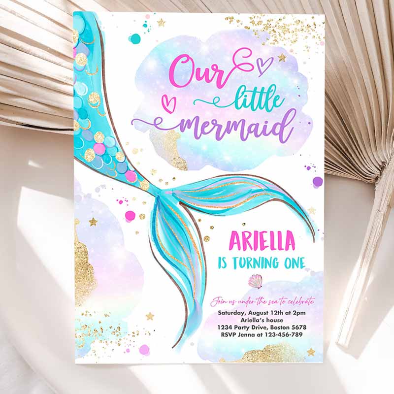 Mermaid Kids Birthday Invitation, Our Little Mermaid Kids Birthday Party, Pink And Gold Whimsical Mermaid Kids Birthday