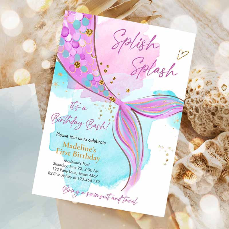 Mermaid Kids Birthday, Girl Pink Purple Gold Mermaid Kids Birthday, Under The Sea Party Invitation