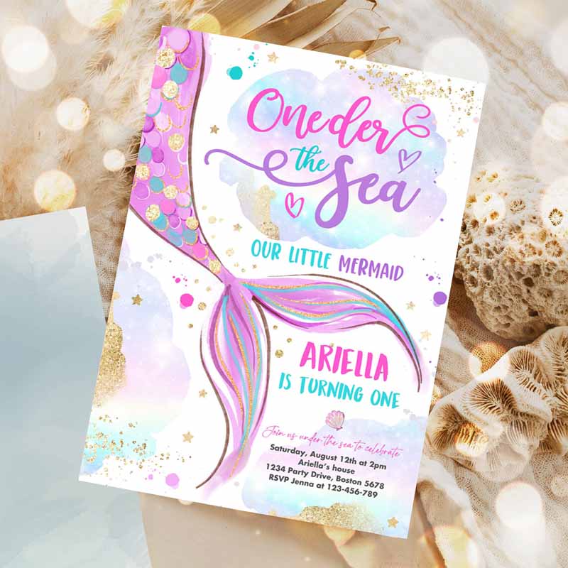 Mermaid ONEder The Sea Kids Birthday Invitation, Mermaid Kids Birthday Party, Pink Gold Whimsical Mermaid Kids Birthday