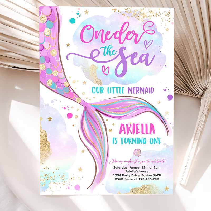 Mermaid ONEder The Sea Kids Birthday Invitation, Mermaid Kids Birthday Party, Pink Gold Whimsical Mermaid Kids Birthday