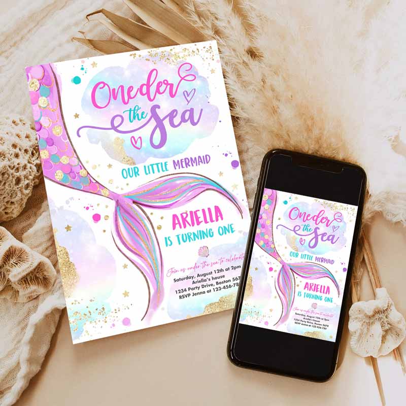 Mermaid ONEder The Sea Kids Birthday Invitation, Mermaid Kids Birthday Party, Pink Gold Whimsical Mermaid Kids Birthday