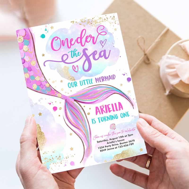 Mermaid ONEder The Sea Kids Birthday Invitation, Mermaid Kids Birthday Party, Pink Gold Whimsical Mermaid Kids Birthday