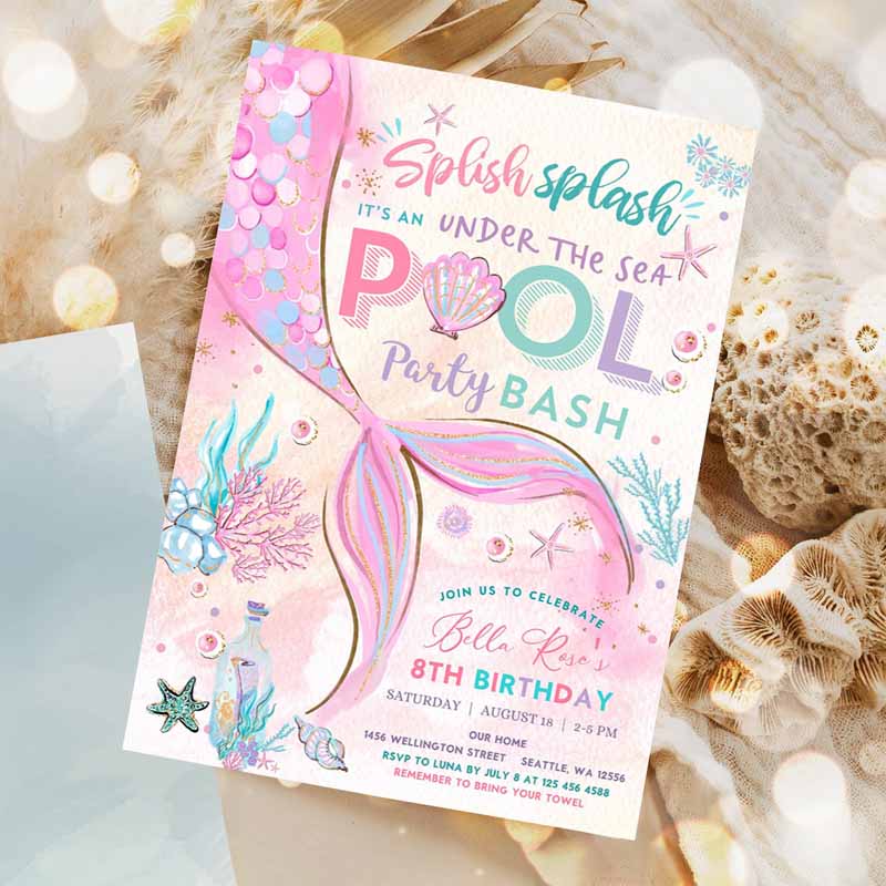 Mermaid Under The Sea Pool Party Invitation, Girl Kids Birthday