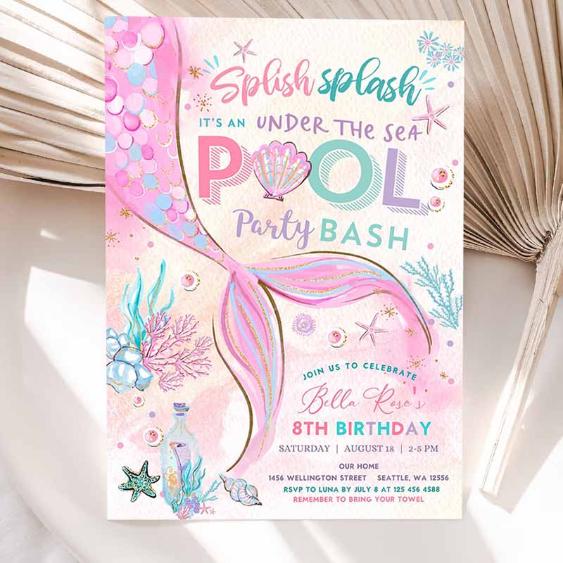 Mermaid Under The Sea Pool Party Invitation, Girl Kids Birthday